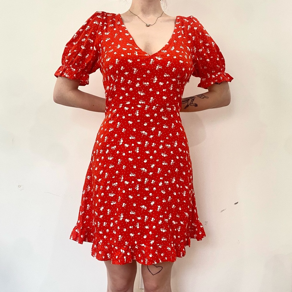 Red and white floral v neck sundress